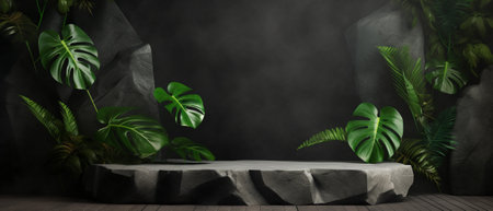 rocks product display podium with nature leaves on dark backgroundの素材