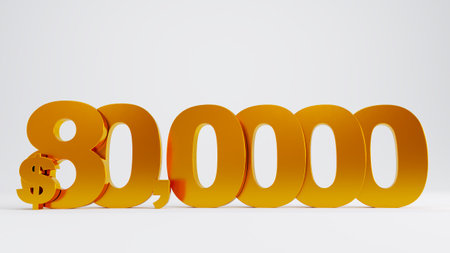 3D render of golden 80k or eighty thousand dollars isolated on white backgroundの写真素材