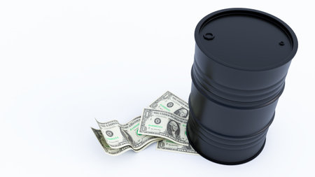 3D render of Oil barrel and dollars money isolated on white background.の写真素材