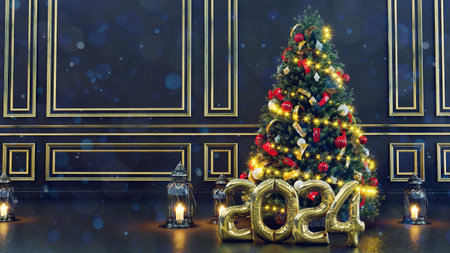 3D render of Decorated Christmas tree on blurred  background and happy new year concept 2024, 2024 balloonsの写真素材