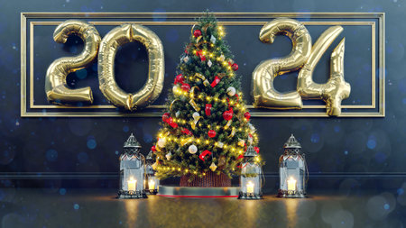 3D render of Decorated Christmas tree on blurred  background and happy new year concept 2024, 2024 balloonsの写真素材