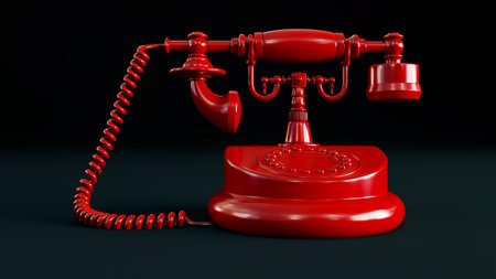 3D render of red old phone isolated on black backgroundの写真素材