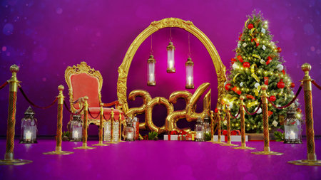 3D render of Decorated Christmas tree with pink armchair on blurred  background and happy new year concept 2024, 2024 balloonsの写真素材