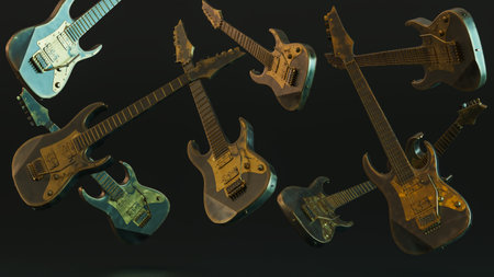 3D render of gold electric guitar isolated on dark background, falling Rock musical instruments,
