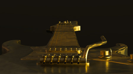 3D render of gold electric guitar isolated on black background, Rock musical instruments,の写真素材