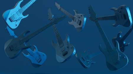 3D render of blue electric guitar isolated on colored background, falling Rock musical instruments,の写真素材