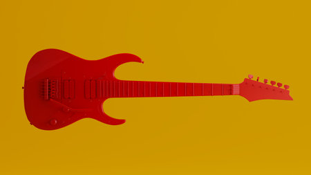 3D render of red electric guitar isolated on colored background, Rock musical instruments,の写真素材
