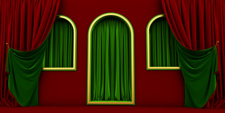 Golden arabic ornament on the red wall with islamic door. islamic vip concept, ramadan, eid mubarak, red curtainsの写真素材