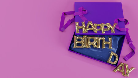3D render of balloon text of Happy Birthday on open red giftbox isolated on colored pink backgroundの写真素材