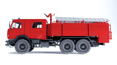 3D render of Red Firetruck isolated on a white backgroundの写真素材