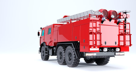3D render of Red Firetruck isolated on a white backgroundの写真素材