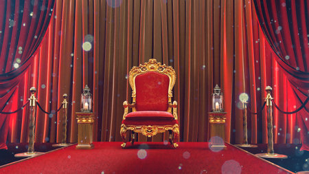 3D render of red carpet with gold barriers leading to a red king armchiar, vip concept