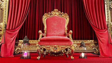 3D render of red armchair with shining lantern on red curtains background