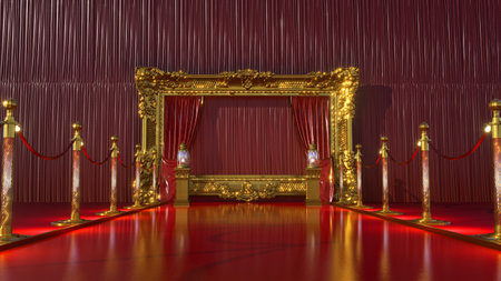 red carpet with gold barriers leading to golden royal armchair with gold frame, 3D render