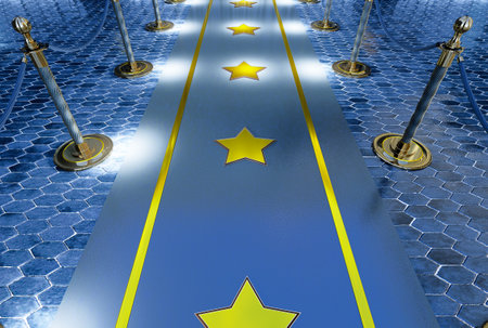 3D render of blue carpet on stars on it with golden barriers, vip conceptの写真素材