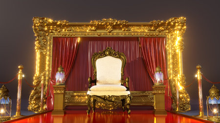 3D render of red carpet with golden barriers and shining lantern leading to luxurious king armchair with gold frame, vip conceptの写真素材