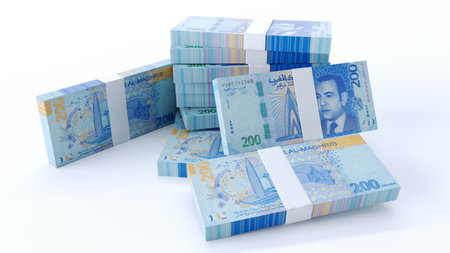3D Moroccan Dirham isolated on white background, Paper money 200 MAD.
