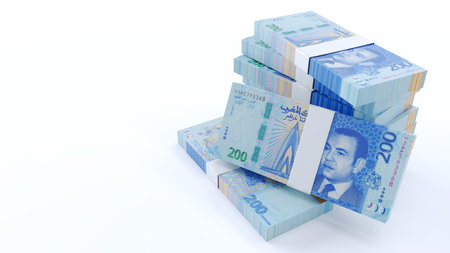 3D Moroccan Dirham isolated on white background, Paper money 200 MAD.