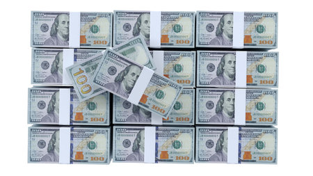 dollar bundles isolated on white background. 100 US dollars