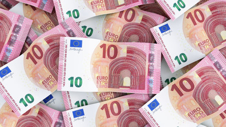 3D render of ten euro bills backgroundの写真素材