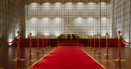 3D render of red carpet with gold barriers leading to a empty pedestal for product presentation,の写真素材
