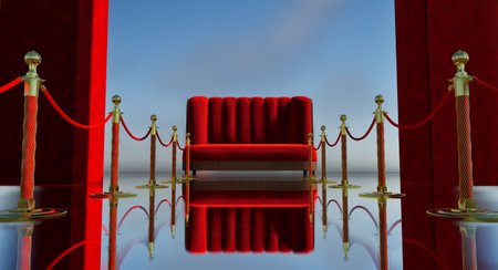 Red velvet couch with golden stanchions and ropes set against a blue sky backdrop creates a glamorous entrancen VIP conceptの写真素材