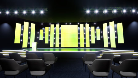 modern stage setup featuring a series of vertical, rectangular LED panels displaying a yellow-green gradient.の写真素材