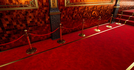 Elegant Red Carpet Entrance With Gold Decorations conveying an atmosphere of elegance and sophistication,の写真素材