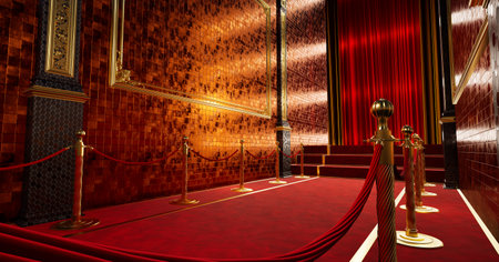 Elegant Red Carpet Entrance With Gold Decorations conveying an atmosphere of elegance and sophistication,の写真素材