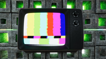 Vintage television displaying static on a colorful screen against a textured block background in a dimly lit roomの写真素材