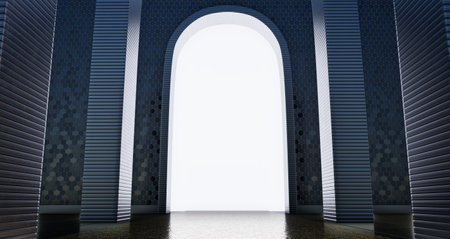 An expansive archway leading into a bright, luminous space with patterned walls, creating a tranquil atmosphere for reflectionの写真素材