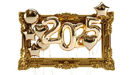 gold 3D New Year 2025 celebration Isolated white background. balloons  two thousand twenty-five 2025...