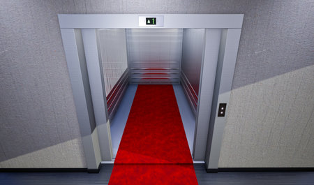 red carpet leading to open metallic silver elevator with concrete wall, inside elevator pov