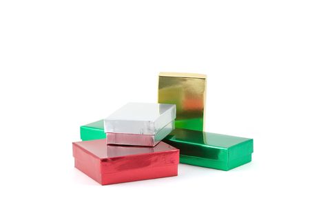 A pile of small gift boxes in Christmas colorsの写真素材