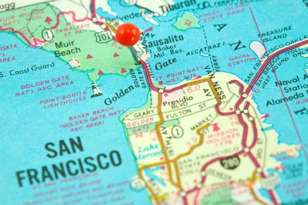 Map of San Francisco with Golden Gate Bridge Pinned and Focusedの写真素材