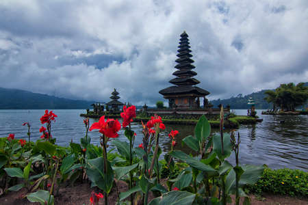 Beautiful red flowers by the road side of the Bratan Lake with the floating tample as backgroundのeditorial素材