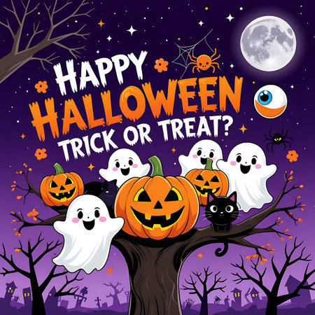 Halloween background with scary pumpkins on tree. Vector illustration.の素材