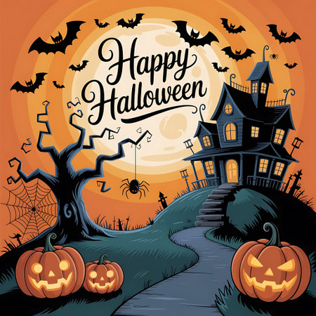 Halloween background with pumpkins, haunted house and bats. Vector illustration.の素材