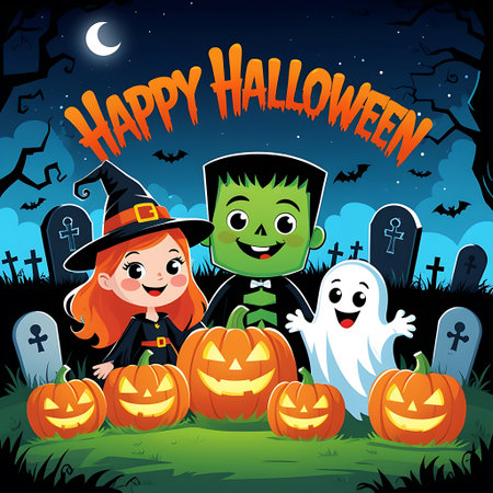 Happy Halloween greeting card. Cute cartoon kids in Halloween costumes on cemetery. Vector illustration.の素材