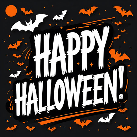 Happy Halloween card. Vector illustration with lettering and bats on dark background.の素材