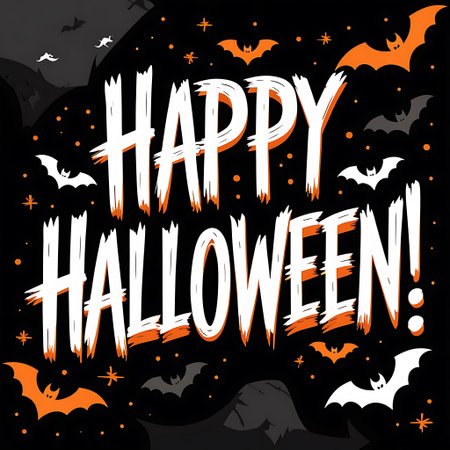 Happy Halloween lettering with bats on black background. Vector illustration.の素材