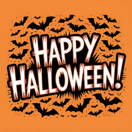 Happy Halloween lettering with flying bats on orange background. Vector illustration.の素材