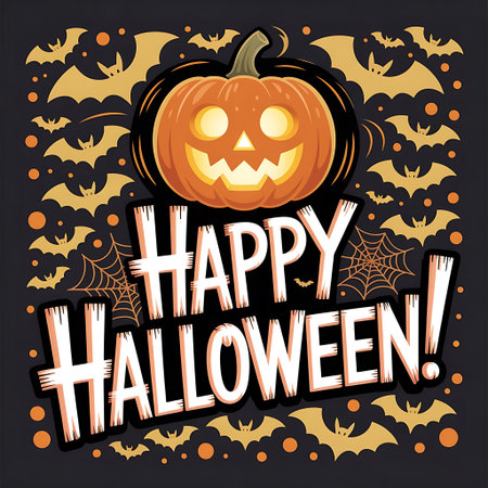 Happy Halloween card with pumpkin and bats on dark background. Vector illustration.の素材