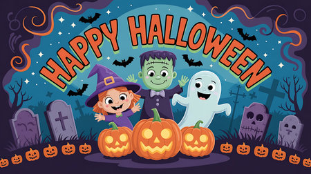 Happy Halloween card with cute kids in costumes. Vector cartoon illustration.の素材