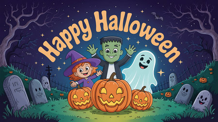 Halloween holiday background with pumpkins, ghosts and bats. Vector illustration.の素材