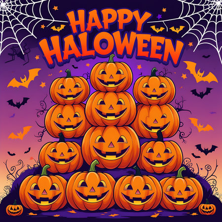Halloween background with pumpkins and spider web. Vector illustration.の素材