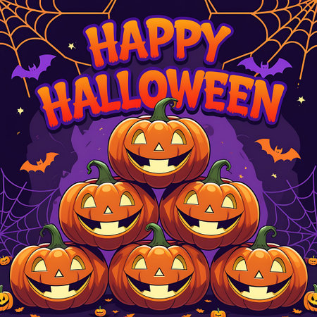 Happy Halloween poster with pumpkins and spider web. Vector illustration.の素材