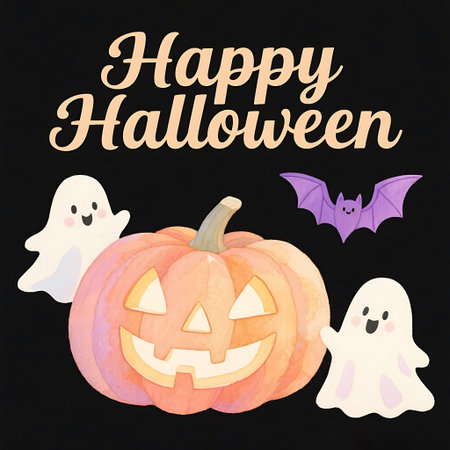Halloween greeting card with pumpkins, ghosts and bats. Vector illustration.の素材