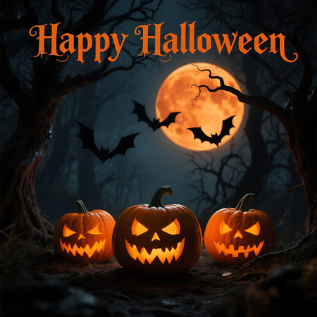 Halloween background with pumpkins, bats and moon. 3d renderingの素材