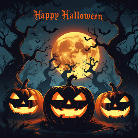 Halloween background with scary pumpkins and full moon. Vector illustration.の素材